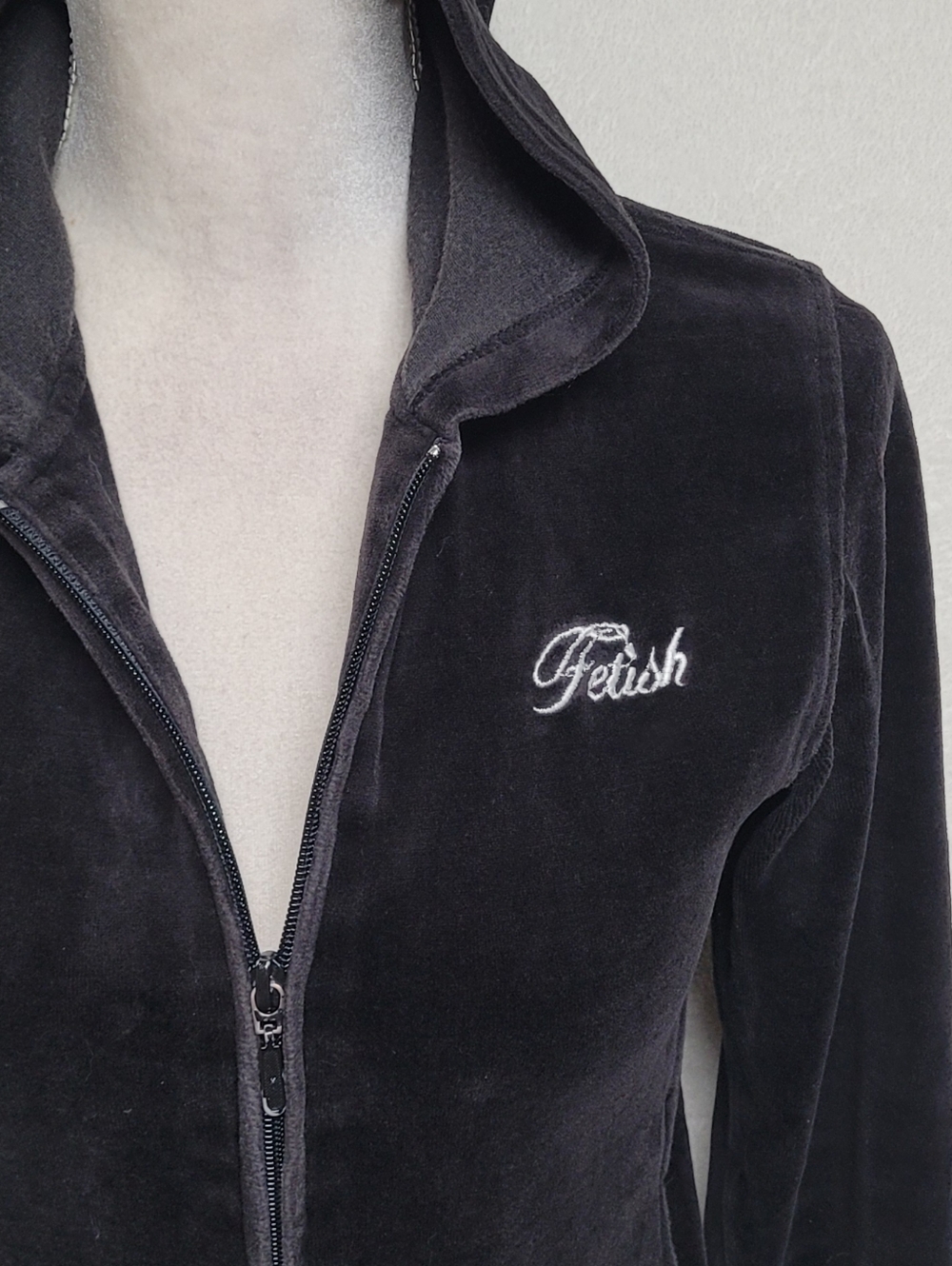 Rare 90s Vintage Fetish By Eve Spell Out Black Velvet Fitted Zip-Up Hoodie S - Picture 4 of 13